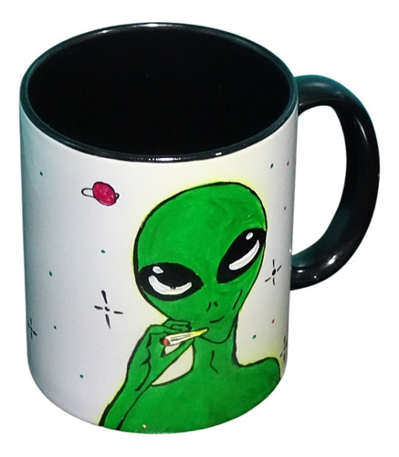 Taza Pintada A Mano Ovni Retro Ufo Smoke  Acrílico 320cc