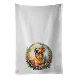 Golden Retriever And Flowers Kitchen Towel Set Of 2 White Di