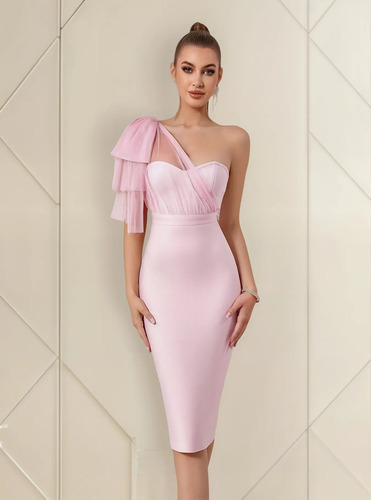 Vestido Bandage Rosa Pastel Hombro Descubierto