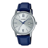 Reloj Casio Hombre Plateado Mtp-v002l-2b3 Cuero Azul Ag Ofc Color De La Malla Azul Marino