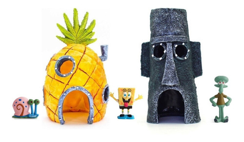 Kit Enfeite P/ Aquário Casas Bob Esponja Lula Molusco Gary