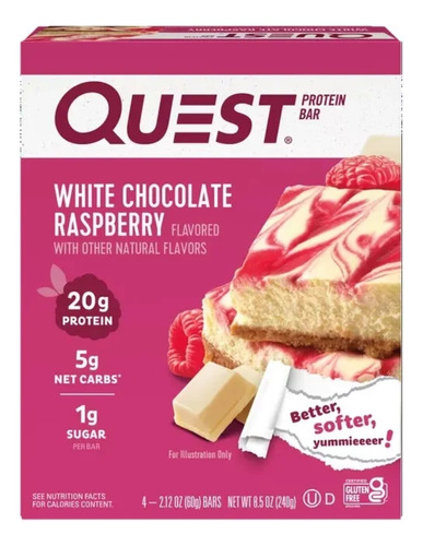 Quest 4 Barras De 20g Proteína. Frambuesa Y Chocolate Blanco