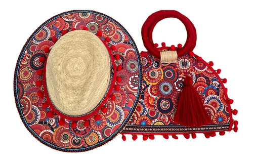 Kit Bolsa Sombrero Palma Artesanal Mujer Playa Rojo