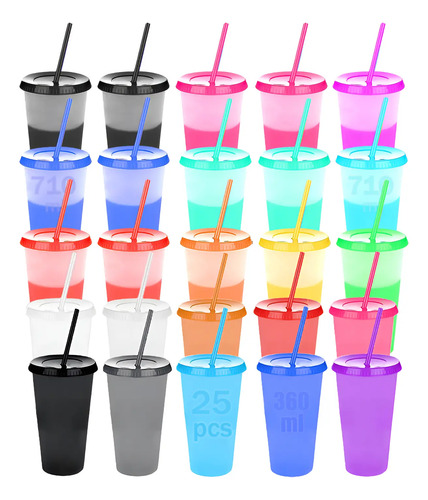 25pzs Vasos Magicos Cambian De Color Con Tapa Y Popote 710ml | MercadoLibre