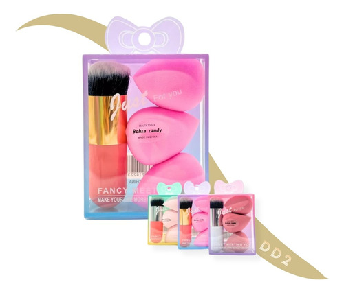 Set Brocha + 3 Esponjas Blender Para Maquillaje Base Make Up