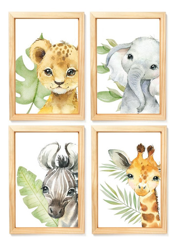 Kit 4 Quadro Decorativo Infantil Quarto Bebê Safari Aquarela