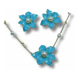 Brinco Flor Azul Esmaltado Semijoia C/colar Banhado Ouro 18k