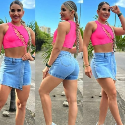 Falda Short Jean Strech  Estrellas Con Brillantes Cinturon