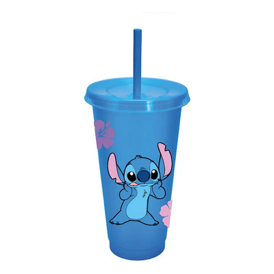 1 Vaso Con Popote Decorado Stich 700 Ml Artículo Fiesta Color Azul