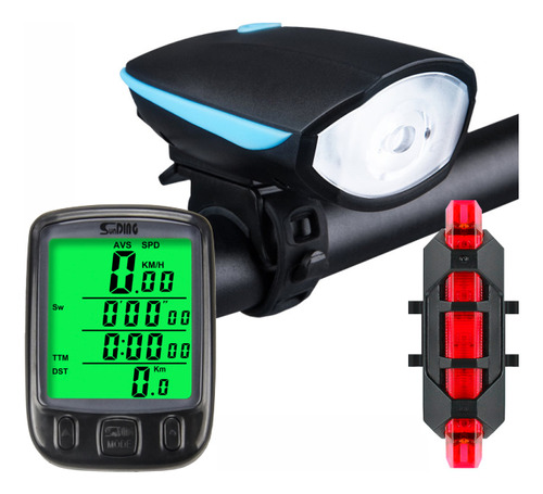 Farol Bike Com Buzina+ Led Traseiro+ Velocimetro Luz Noturna