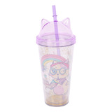 Vaso Con Bombilla Acrilico Infantil Gatito Skora 2 Colores