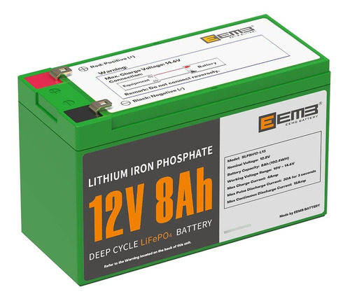 Eemb Batería De Litio Lifepo4 De 12 V Y 8 Ah De Ciclo Profun