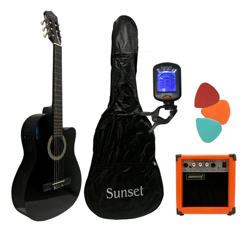 Combo Guitarra Electrocriolla Sunset Ac001l Color Negro