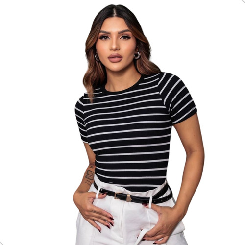 Blusa Listrada Camiseta Basica Canelada Comprito Fem