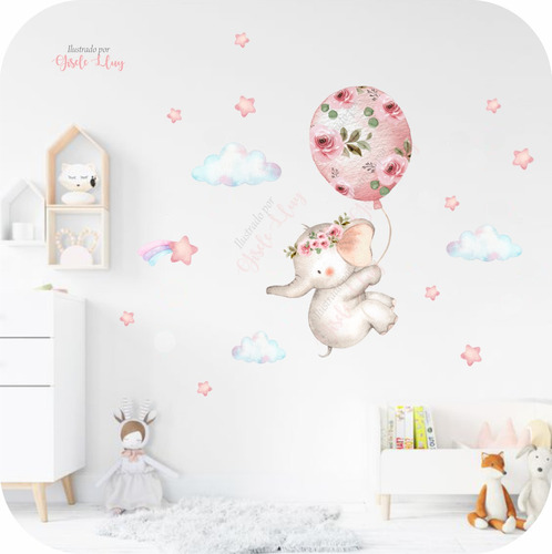 Vinilos Decoración Infantil Elefante Con Globo Rosa De Bebé