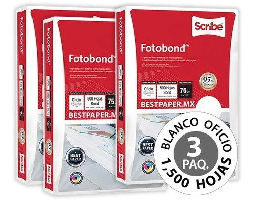 Papel Fotobond Blanco Oficio - 3 Paquetes (1,500 Hojas)