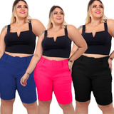 Kit 3 Shorts Feminina Bermuda Meia Coxa Plus Size Bengaline