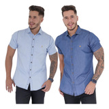 Mix 2 Camisas Jeans Slim Masculina Manga Curta Social Casual