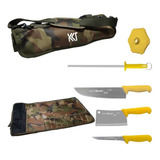 Set Estuche Chef Camuflado+2cuchillos+hacha+chaira+p/ Afilar