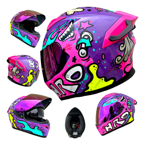 Casco Moto Morado Rosa Brillante Hro Funner Dama Certificado