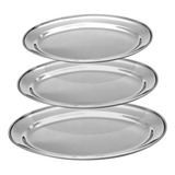 Kit 3 Travessas Bandeja Aço Inox Oval Rasa Peq. Med. Grande