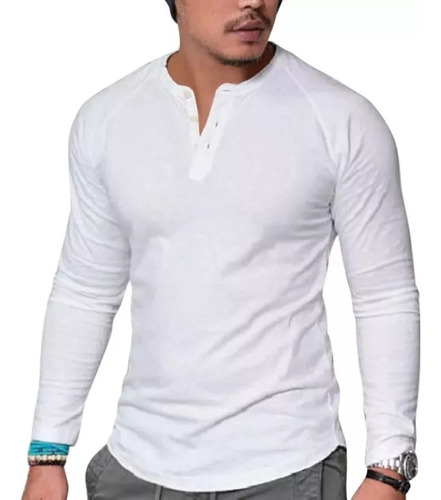 Playera Hombre Cuello Mao Casual Cómoda Manga Larga  Simple