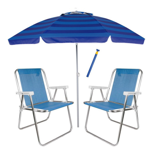 Kit 2 Cadeira Praia Alumínio Guarda Sol 2,4m Com Saca Areia