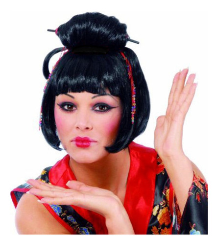 Peluca Japonesa Geisha Carre Negra Cotillon Fiesta Disfraz