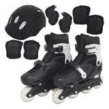 Patins Roller Inline Infantil 4 Rodas + Kit Proteção Preto