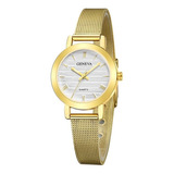 Reloj Chico Metalico Mujer Malla Metal Moda Dama Geneva B253 Correa Oro/blanco