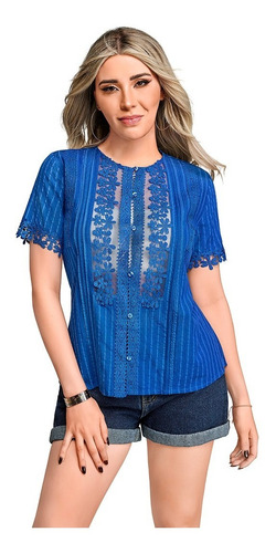 Blusa Mujer Con Encaje De Manga Corta Color Azul 991-49