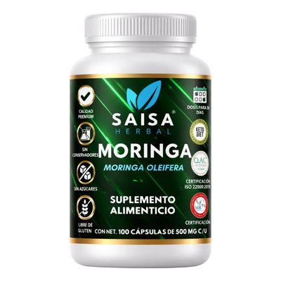 Moringa Orgánica 100% Pura | 100 Cáps | SAISA HERBAL | Suplemento Alimenticio | Energía | Bienestar | Apoyo al Sistema Inmune | Control de glucosa | Fortalece defensas | Meses sin interés