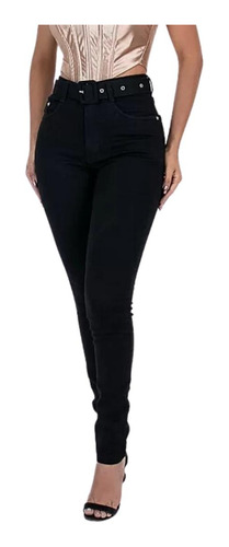 Calça Jeans Feminina Skinny Preta Com Cinto Cintura Alta