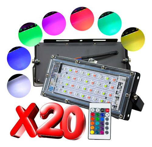 Paquete De 20 Reflectores Led Multicolor 50w Rgb  (450w)