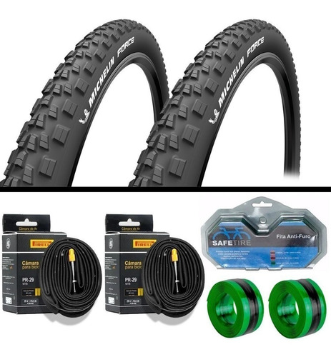 Par Pneu Michelin Force 29x2.25 Aro 29 + 2 Camara + 2 Fita Cor Preto