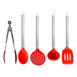 Kit Utensílios De Silicone De Cozinha Churrasco Cabo Metal