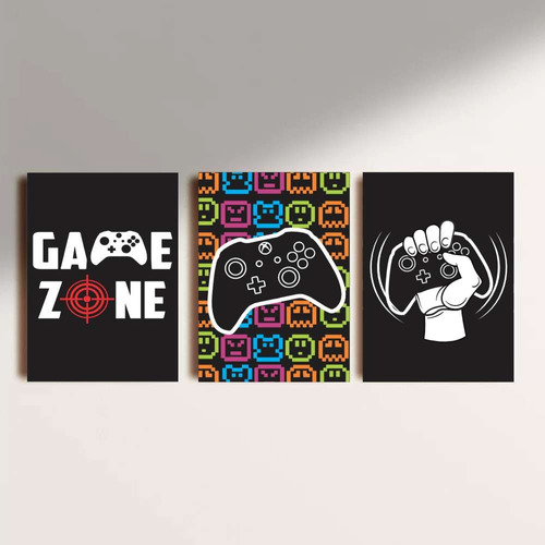 Kit 3 Quadros Placas Decorativas Mdf 30x20 Jogo Video Gamer