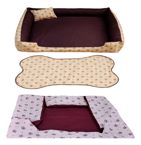 Cama Para Cachorro Grande Gg 95x95 Cm + Tapete E Capa Extra Cor Cama Marrom E Capa Vinho