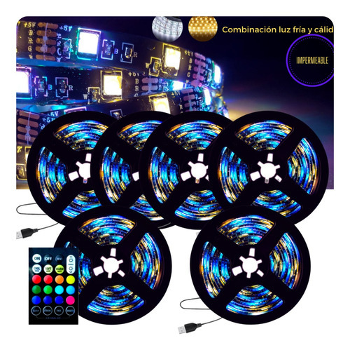 Tira De Luces Led Multicolor Usb Impermeable Control 2m*6pzs Color De La Luz Rgb/multicolor + Blanco Cálido