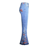 Jeans Flare De Pierna Ancha Bordados De Flores Femeninas [u]