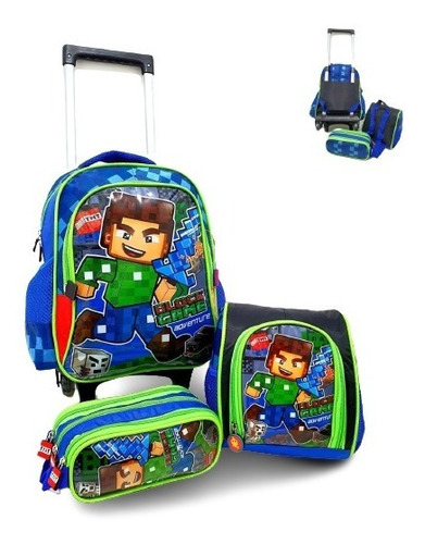 Kit Mochila Rodinha Infantil Escolar Minecraft Game 3 Pçs