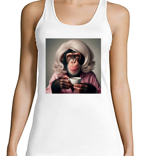 Musculosa Mujer Mono Peluca Tomando Cafe M1