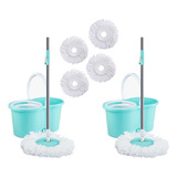 2 Trapeadores Spin Mop Con Asa Telescópica + 4 Repuestos Color Azul