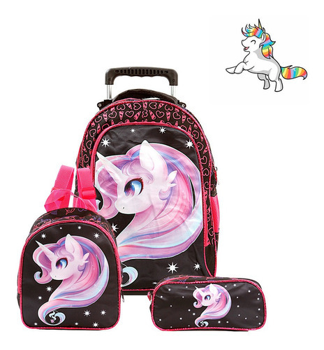 Mochila Escolar Unicórnio Pony Rodinha Kit Lancheira+estojo Cor Preto Desenho Do Tecido Unicornio, My Little Pony