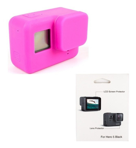 Case Silicone Com Tampa Lente Rosa + Película Gopro 5 6 7