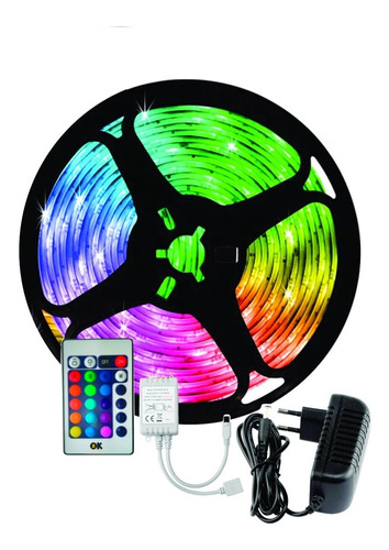 Kit 10 Fita Led 5m Rgb 3528 Prova D'agua Controle Com Fonte