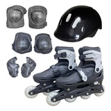 Patins Roller Infantil Ajustável Inline C Kit Proteção Preto