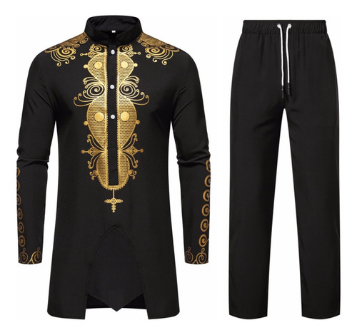 M Camisa E Calça Masculinas Africanas Estampadas Em Ouro, 2