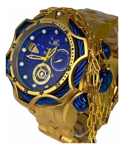 Kit Relógio Másculino Dourado Azul Grande Pesado + Corrente