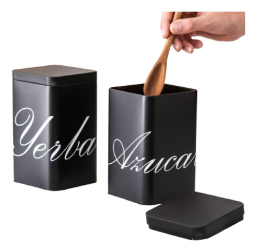 Set X2 Latas Mate Yerbera + Azucarera Negro Hava 10x10x18 Cm